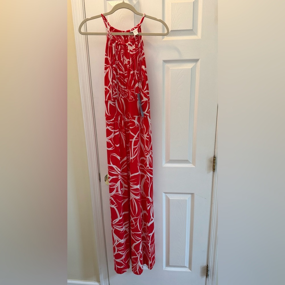 London Times Vibrant Red and White Patterned maxi dress